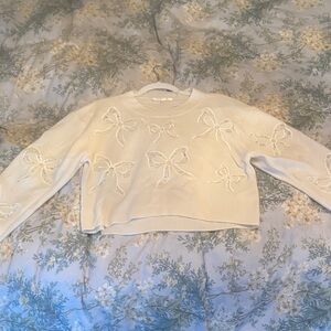 LoveShackFancy Cream Bow-Appliqué Crewneck Sweater